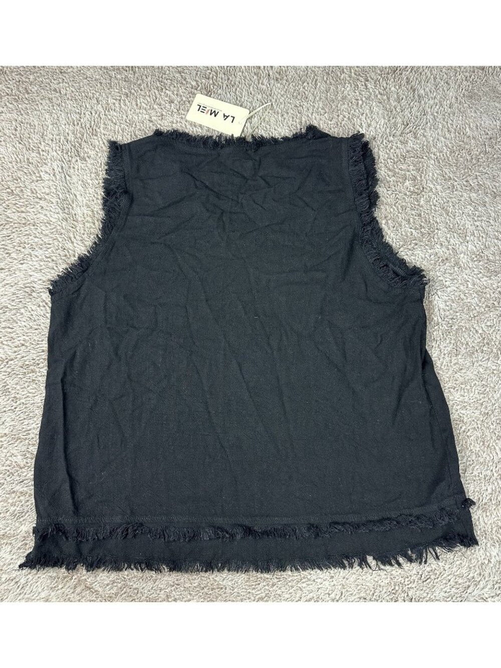 NWT La Miel Womens Size L Black Linen Blend Raw Edge Frayed Fringe V-Neck Tank - Picture 7 of 9